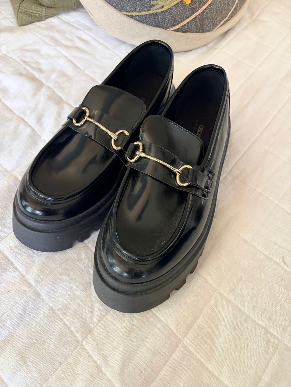 ASOS Black Patent Loafers with Gold Bit Detail